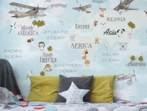 Παγκόσμιος χάρτης με ζωάκια και αεροπλάνα, Παιδικά, Ταπετσαρίες Τοίχου, 100 x 67 εκ.